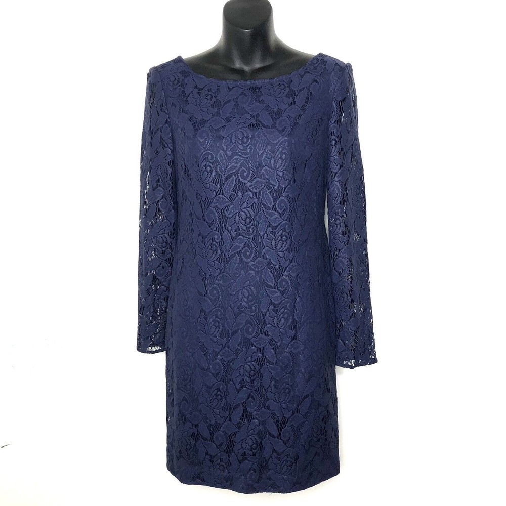 Aidan Mattox Womens Blue Lace Long Sleeve Sheath Cocktail Dress Sz 2 Deep V Back